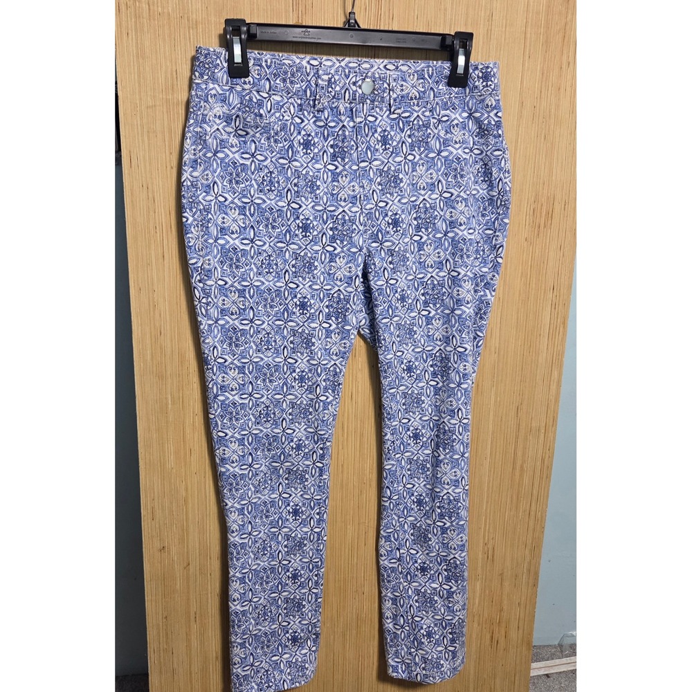 Rafaella Comfort Womens Blue White Geometric Tile Print Slim Leg Pants Size 8